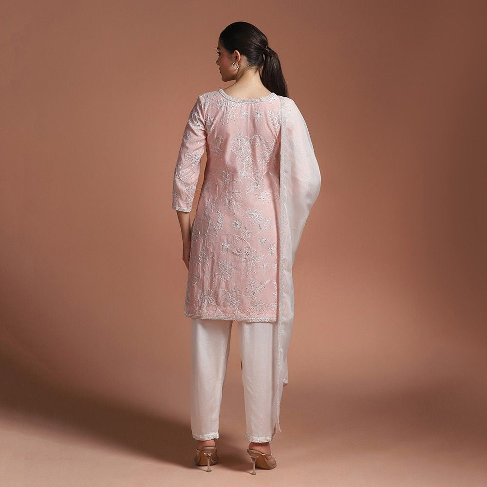 Elegant Pink Aari Work Kurta Set With Thread Embroidery & Hand Highlights
