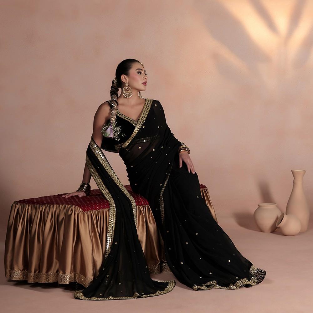 Black Georgette Saree with Gold Mirror Work Embellishments