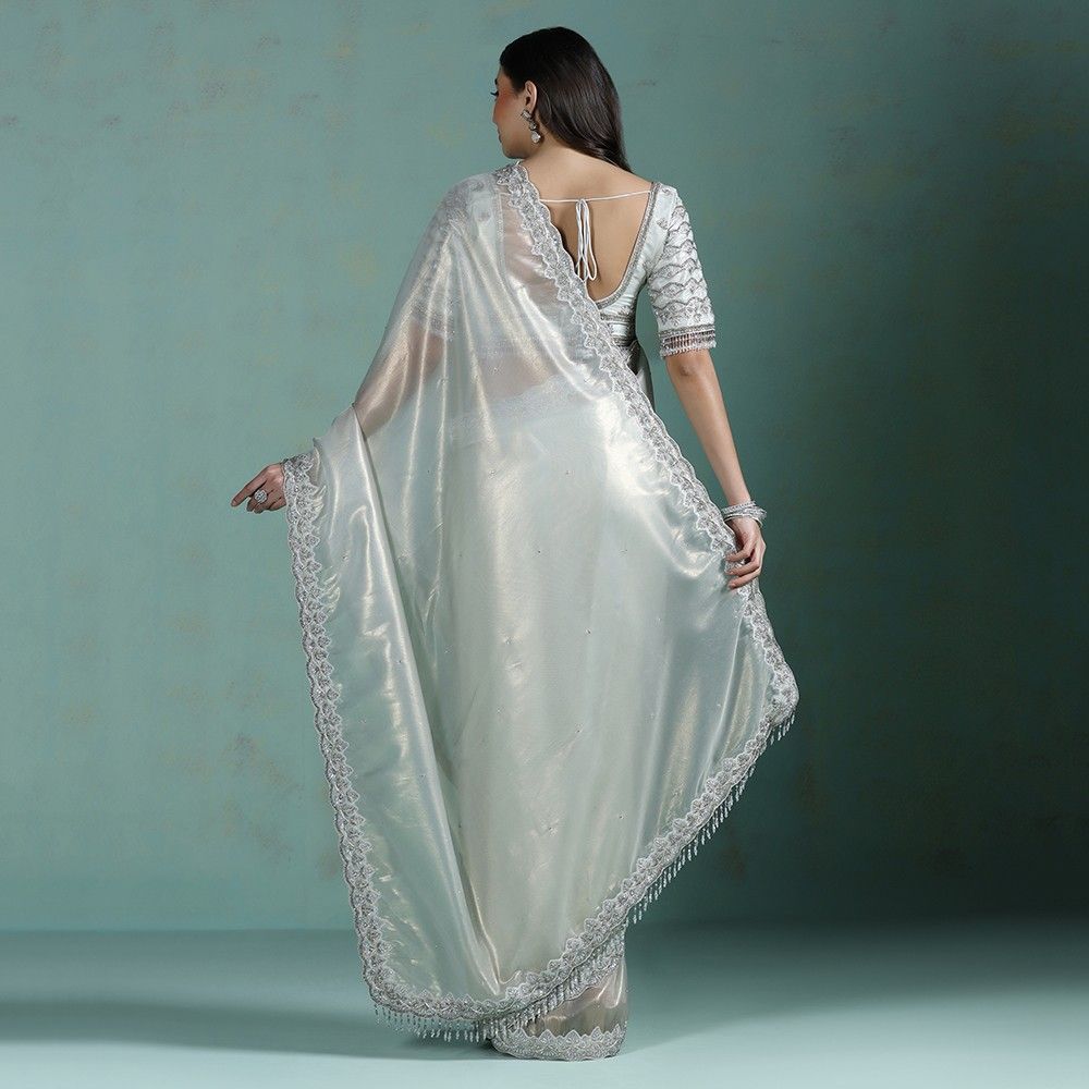 Moon Light Silver Hand Embroidered Silk Saree