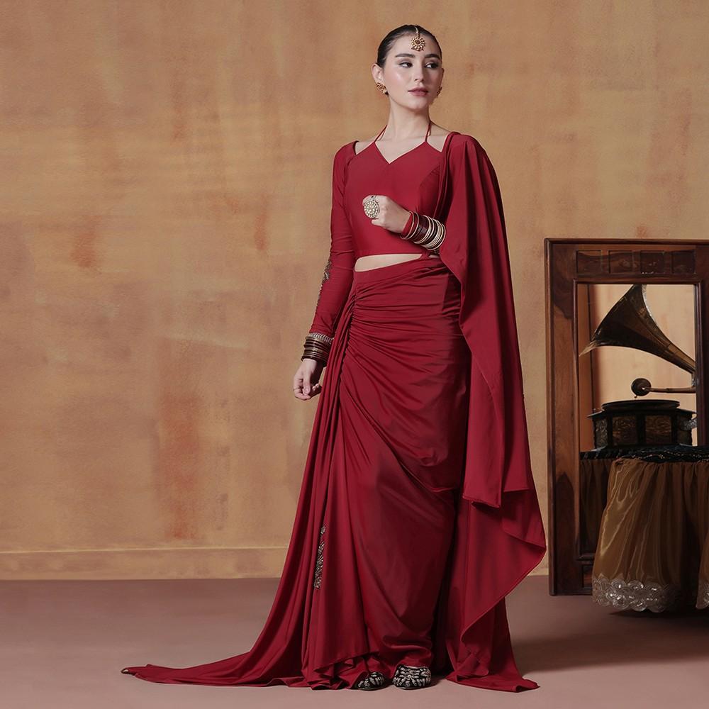 Ruby Red Pre-Draped Designer Saree Set with Blouse