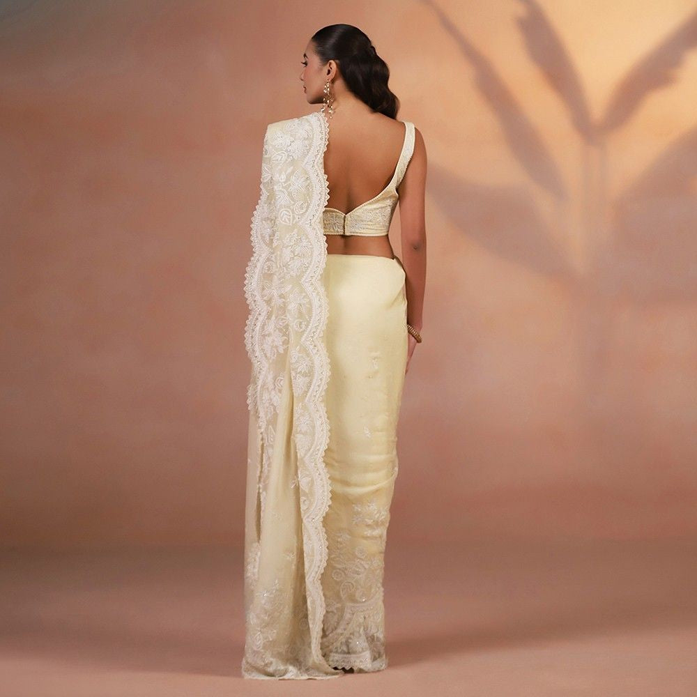 Ecru Organza Thread Work Saree with Embroidered Blouse