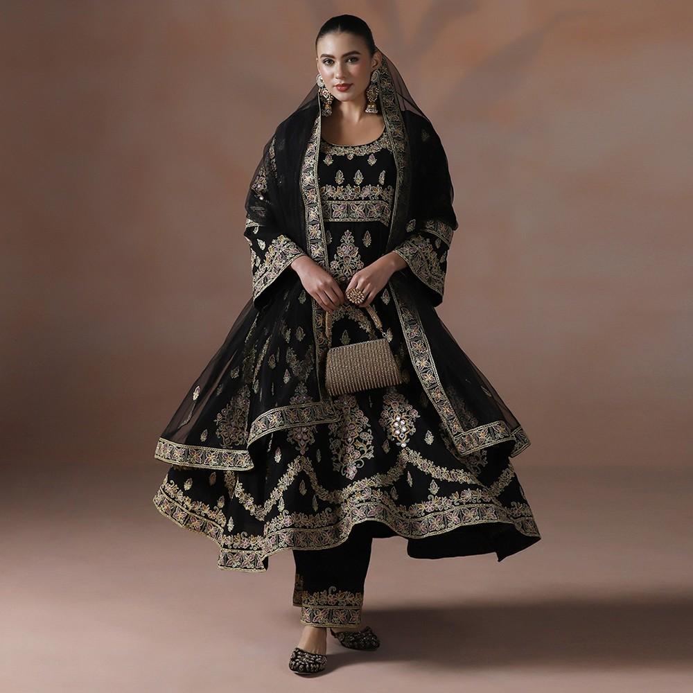 Black Georgette Anarkali Set with Intricate Resham Dori Work & Dupatta