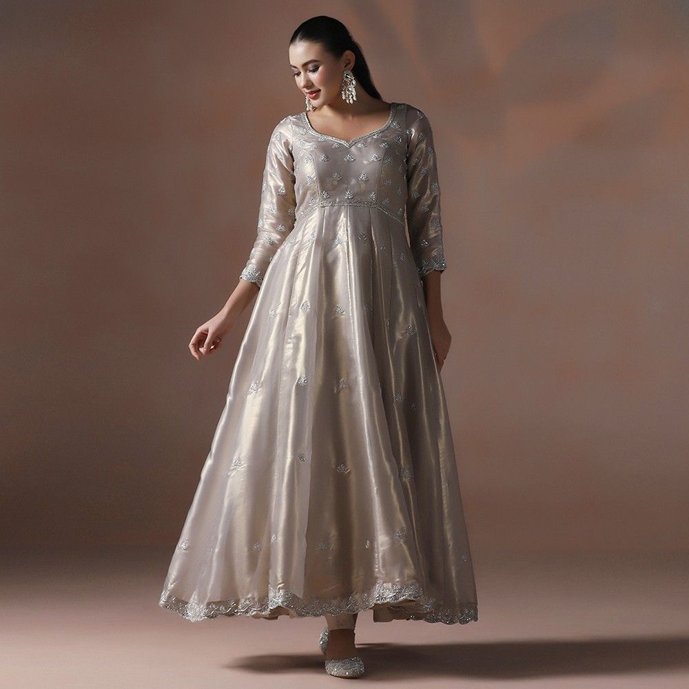 Moon Silver Hand Embroidered Anarkali Set with Dupatta