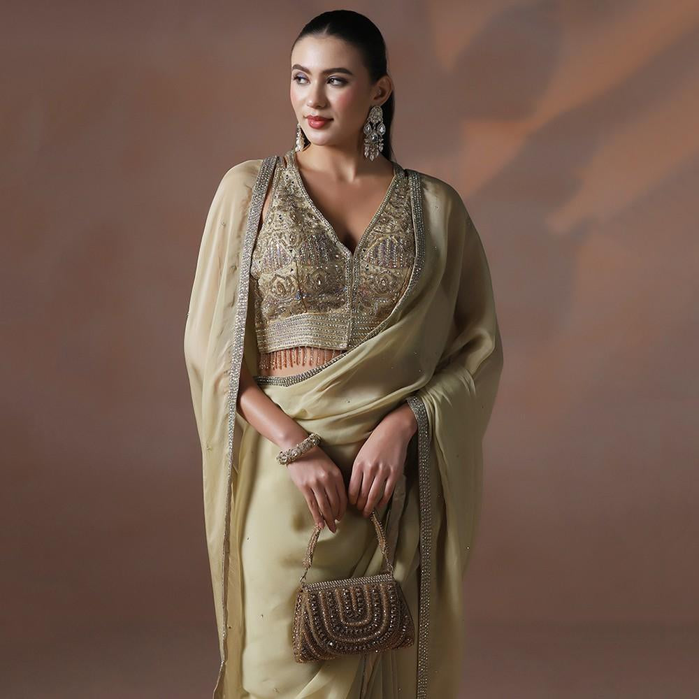 Gold Organza Hand Crafted Sequin Work Saree with Designer Blouse