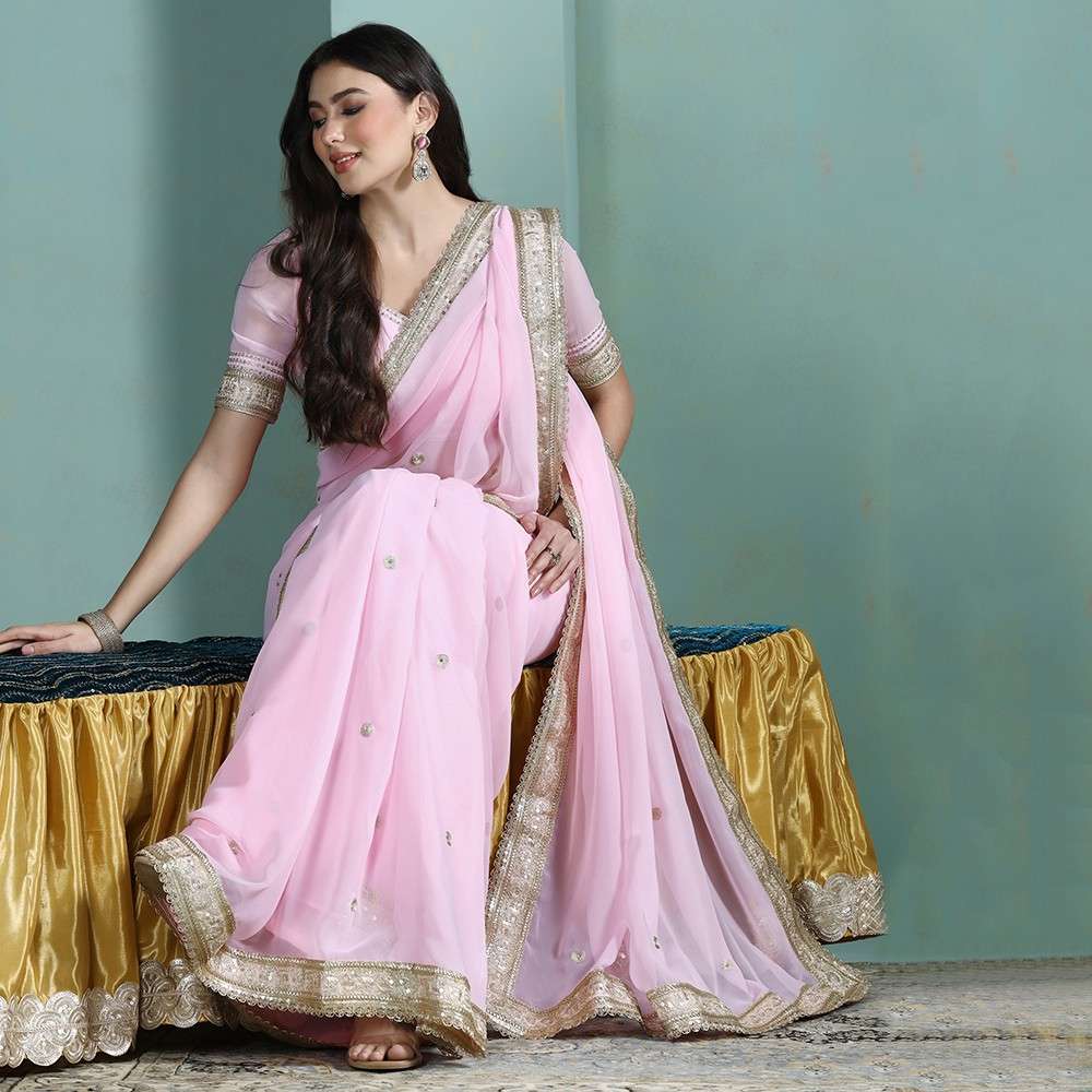 Pink Georgette Zari Border Saree