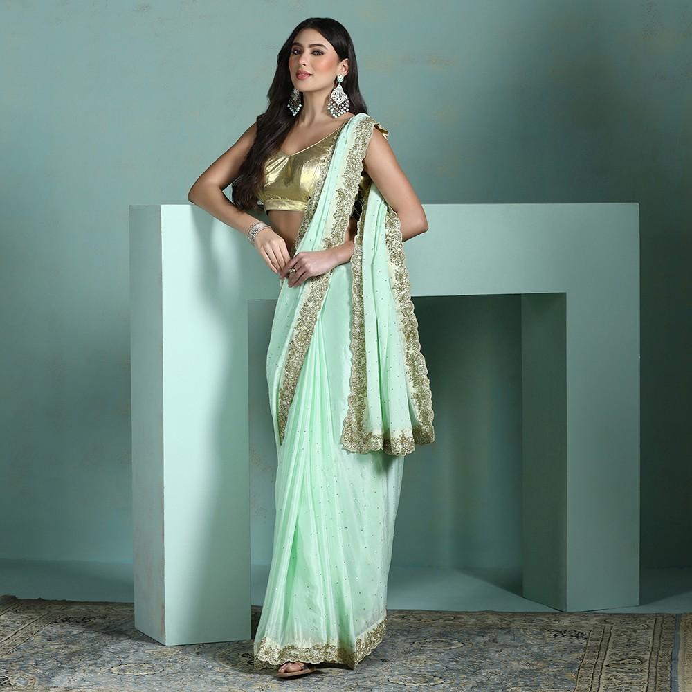 Green Chiffon Gold Hand Embroidered Saree