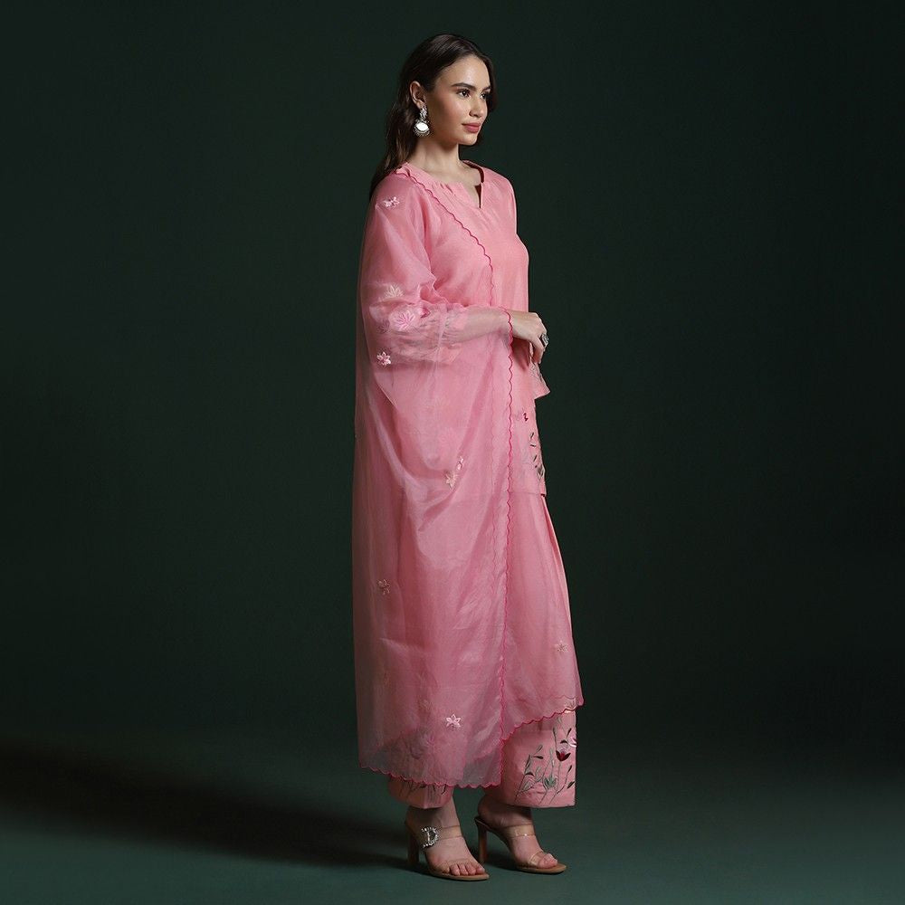 Peach Pink Crepe Embroidered Kurta Set