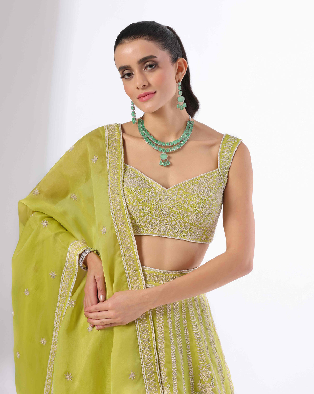 Green Lehenga With Pearl Detailing
