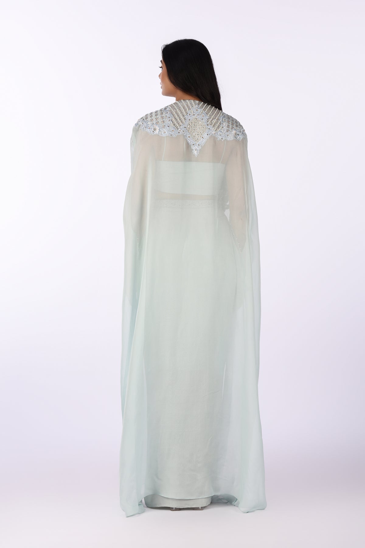 Blouse Jacket With Drape Skirt Grey Embroidered Blouse with Skirt & Cape