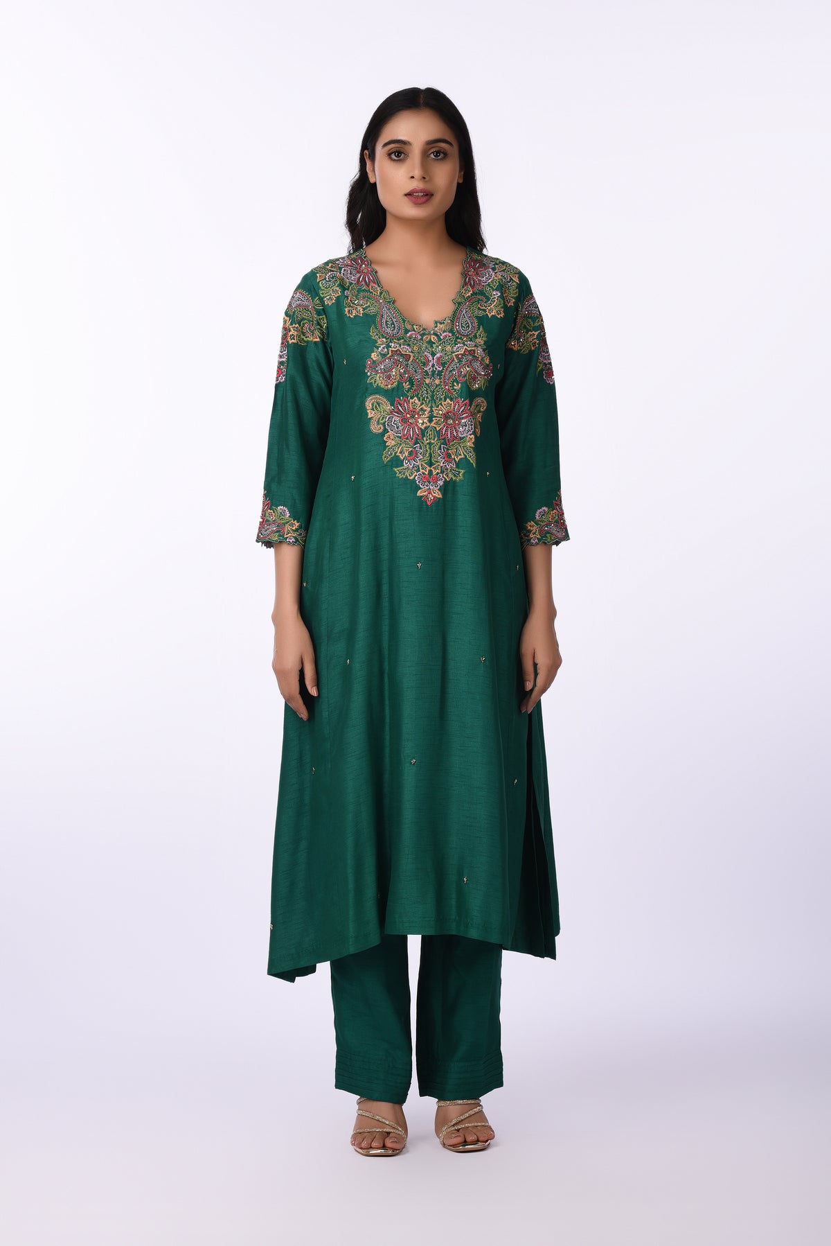 Kurti With Pants Set And Dupatta Emerald Green Silk Embroidered Kurta Set