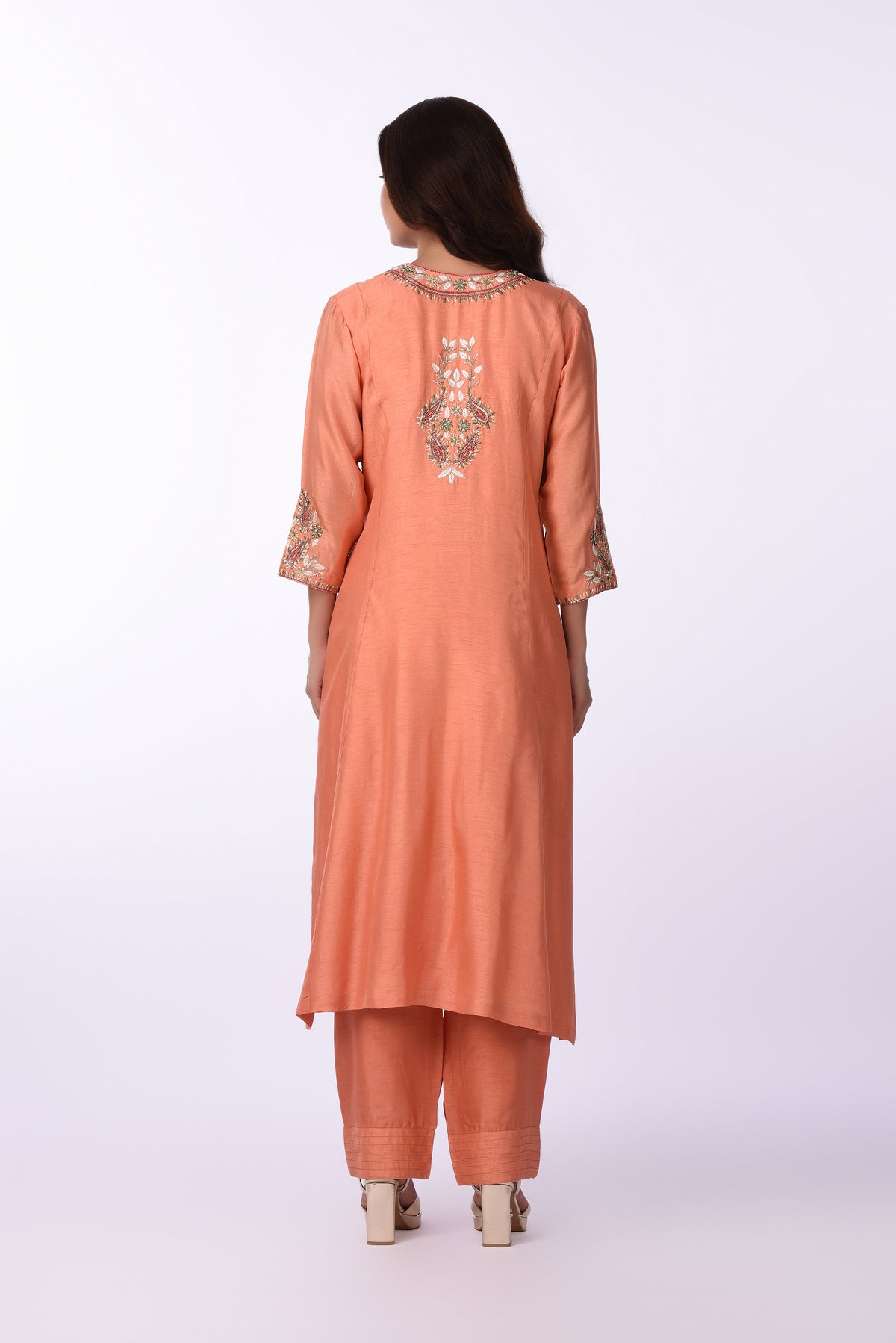 Kurti With Pants Set And Dupatta Peach Raw Silk Kurta Set