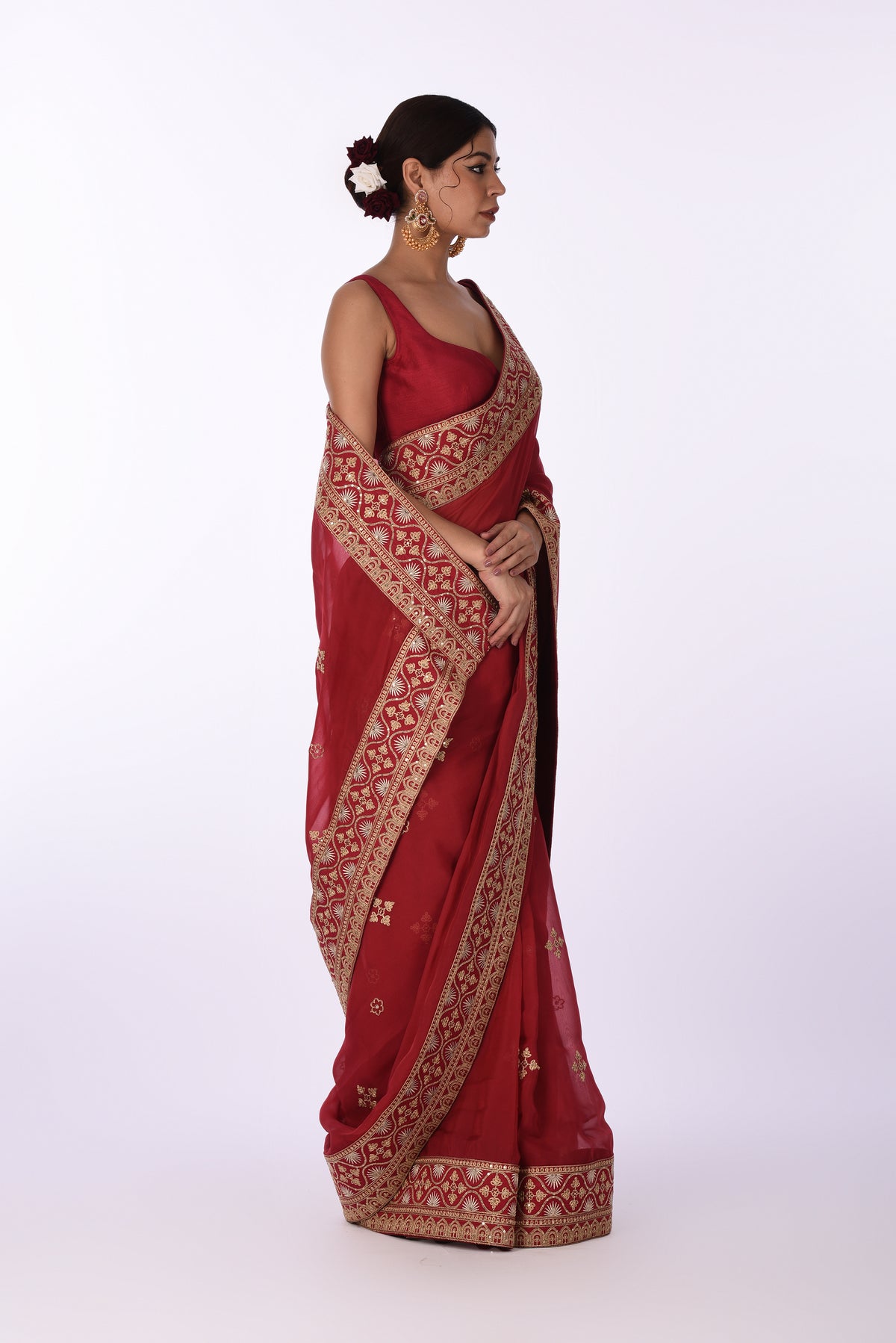 Saree With Blouse Elegant Red Organza Embroidered Saree