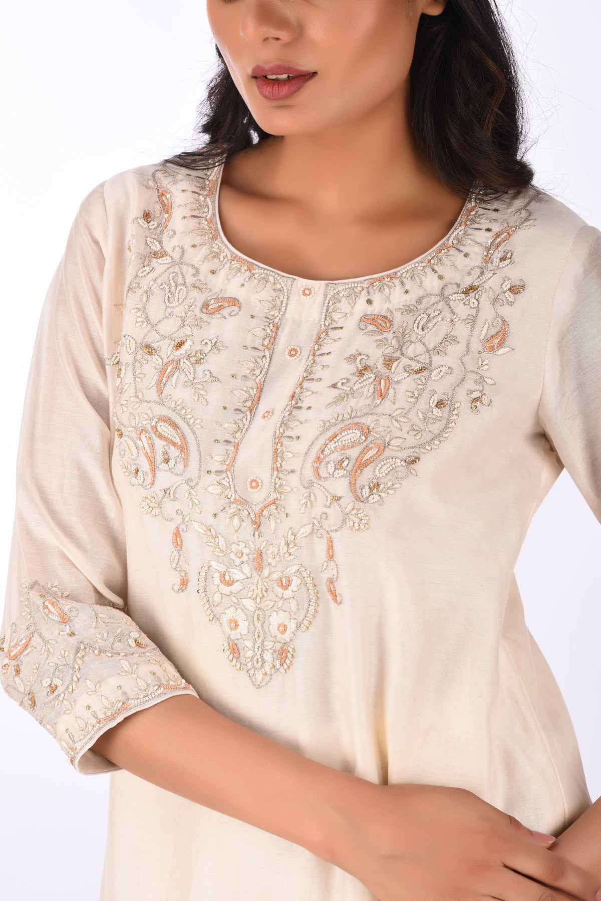 Embroidered Kurti Sharara Set Ivory Crushed Cotton Silk Kurta Sharara Set