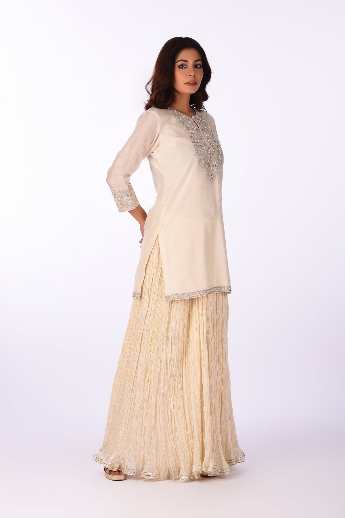 Kurti With Skirt Ivory Straight Kurta Set With Crushed Skirt