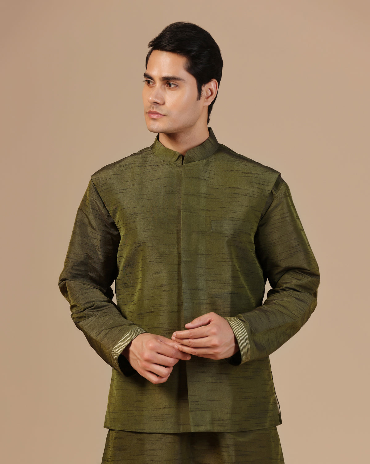 Men's Dupion Silk Olive Green Kurta Set With Nehru Jacket