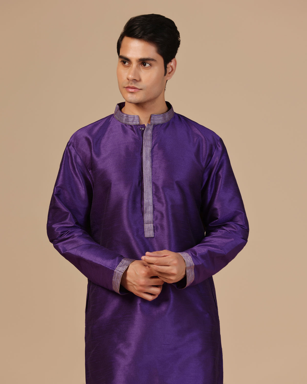Men's Dupion Silk Royal Purple Kurta Set With Contrast Detailing