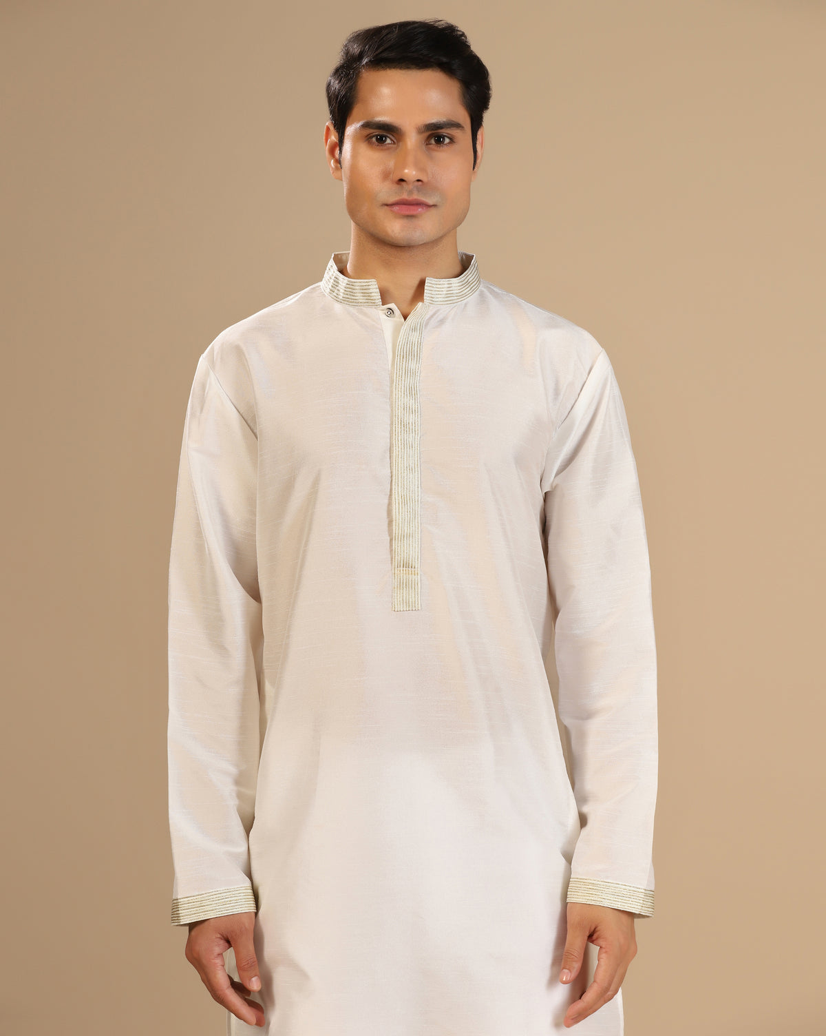 Men's White Dupion Silk Kurta Set with Subtle Embellished Placket