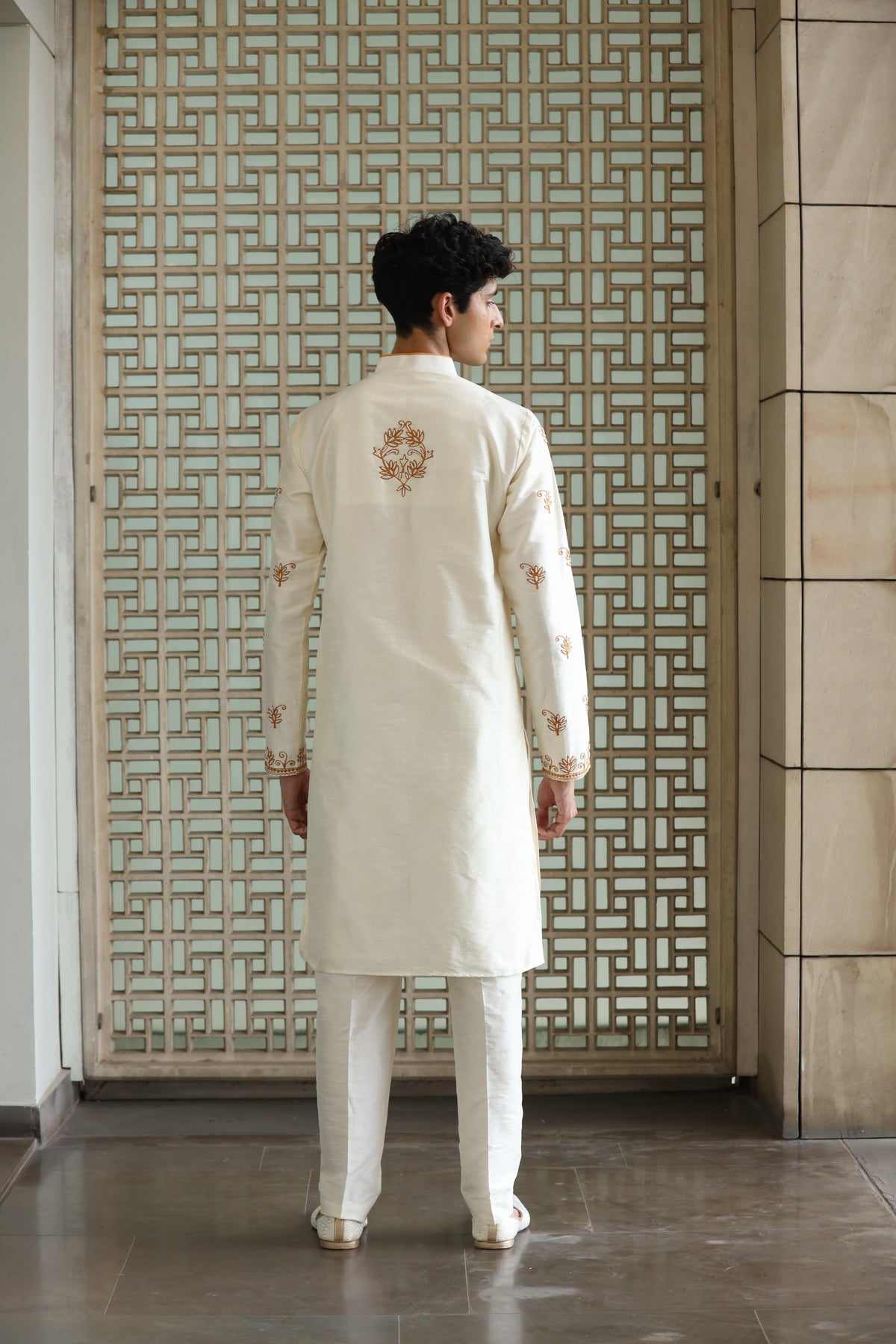Classic Ivory Dupion Silk Embroidered Men's Kurta Set