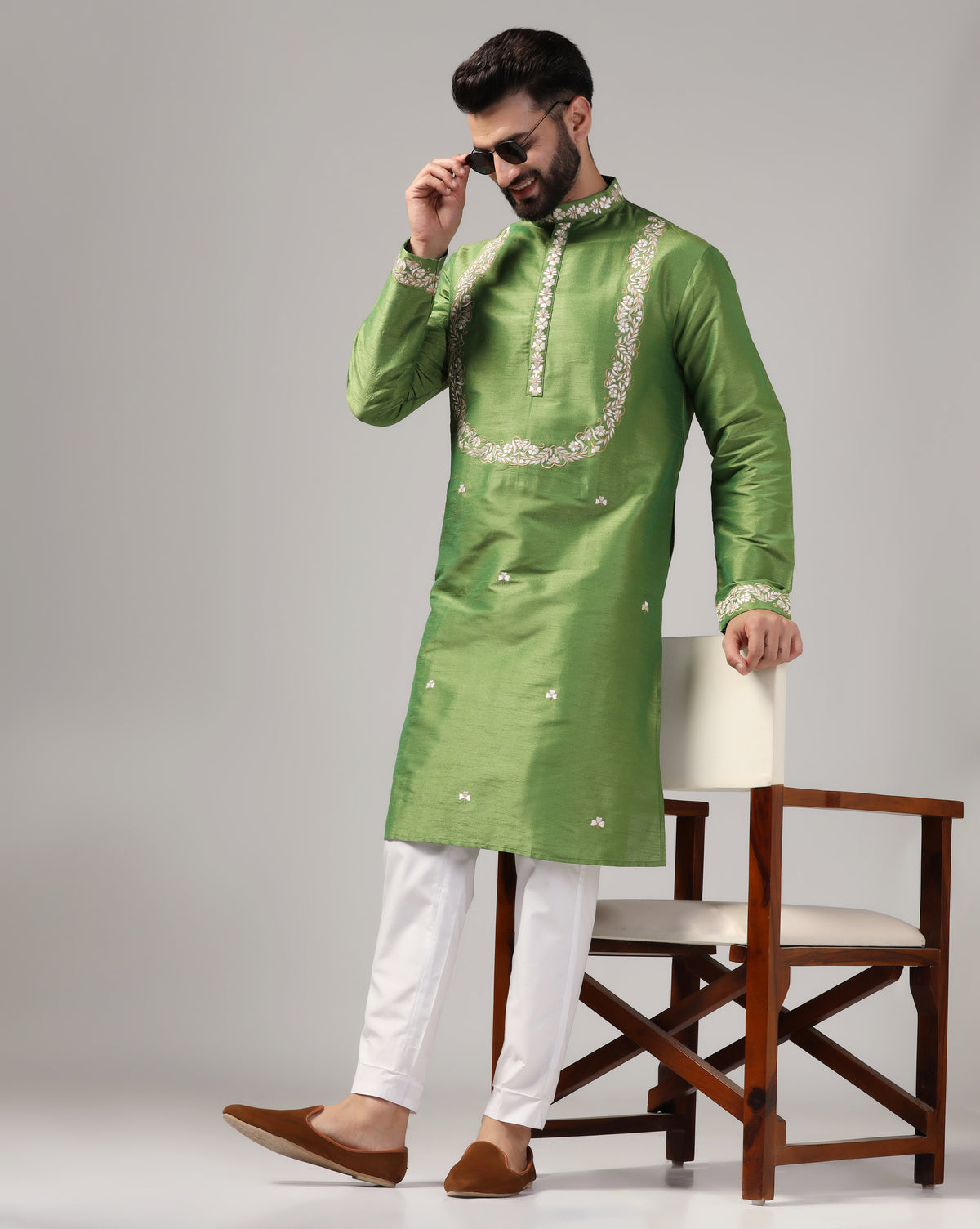 Festive Green Dupion Silk Embroidered Kurta Set
