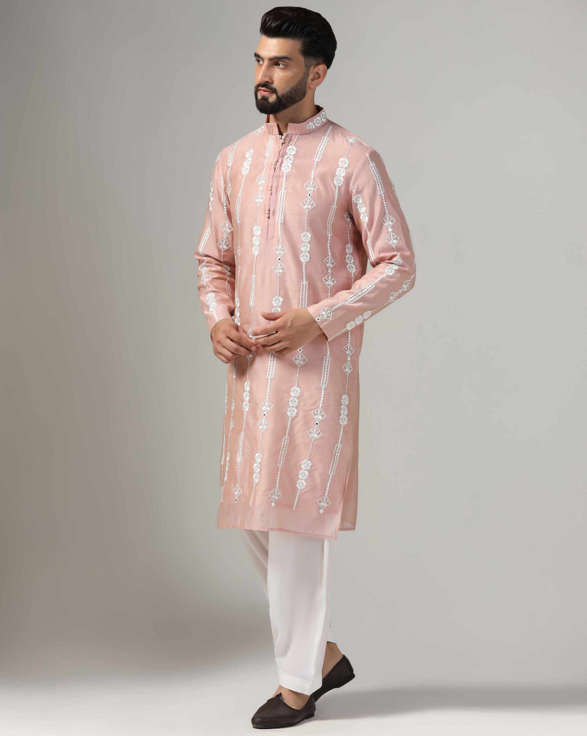 Dusty Pink Chanderi Embroidered Men's Kurta Salwar Set