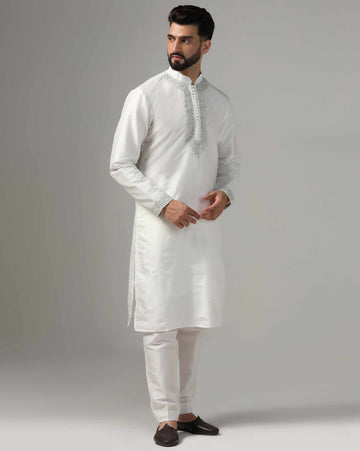 Classic White Dupion Silk Embroidered Kurta Set