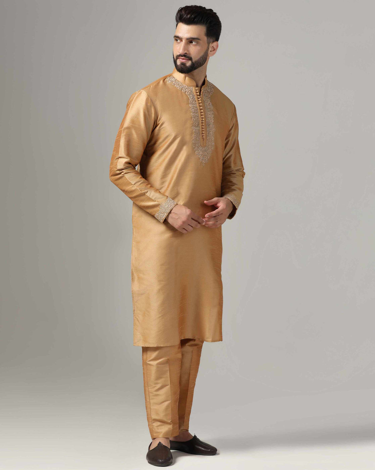 Gold Dupion Silk Embroidered Men's Kurta Set