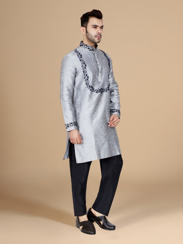 Silver Dupion Silk Embroidered Men's Kurta Set