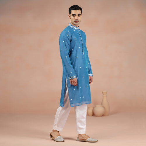 Blue Chanderi Embroidered Men's Kurta Set