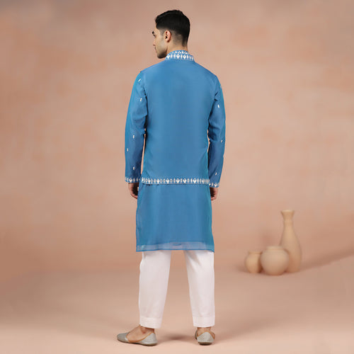 Blue Chanderi Men's Kurta Set With Embroidered Nehru Jacket