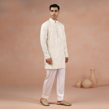 Cream Chanderi Embroidered Kurta Set