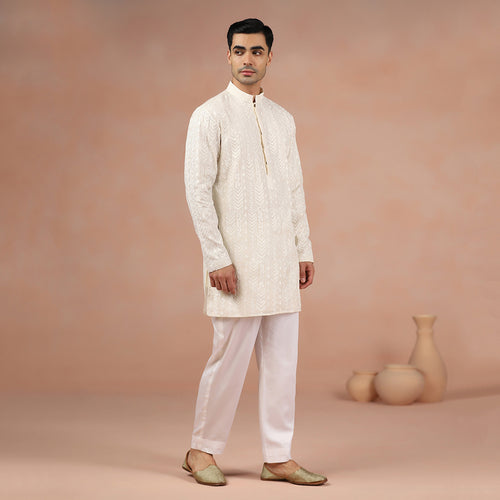 Cream Chanderi Embroidered Kurta Set