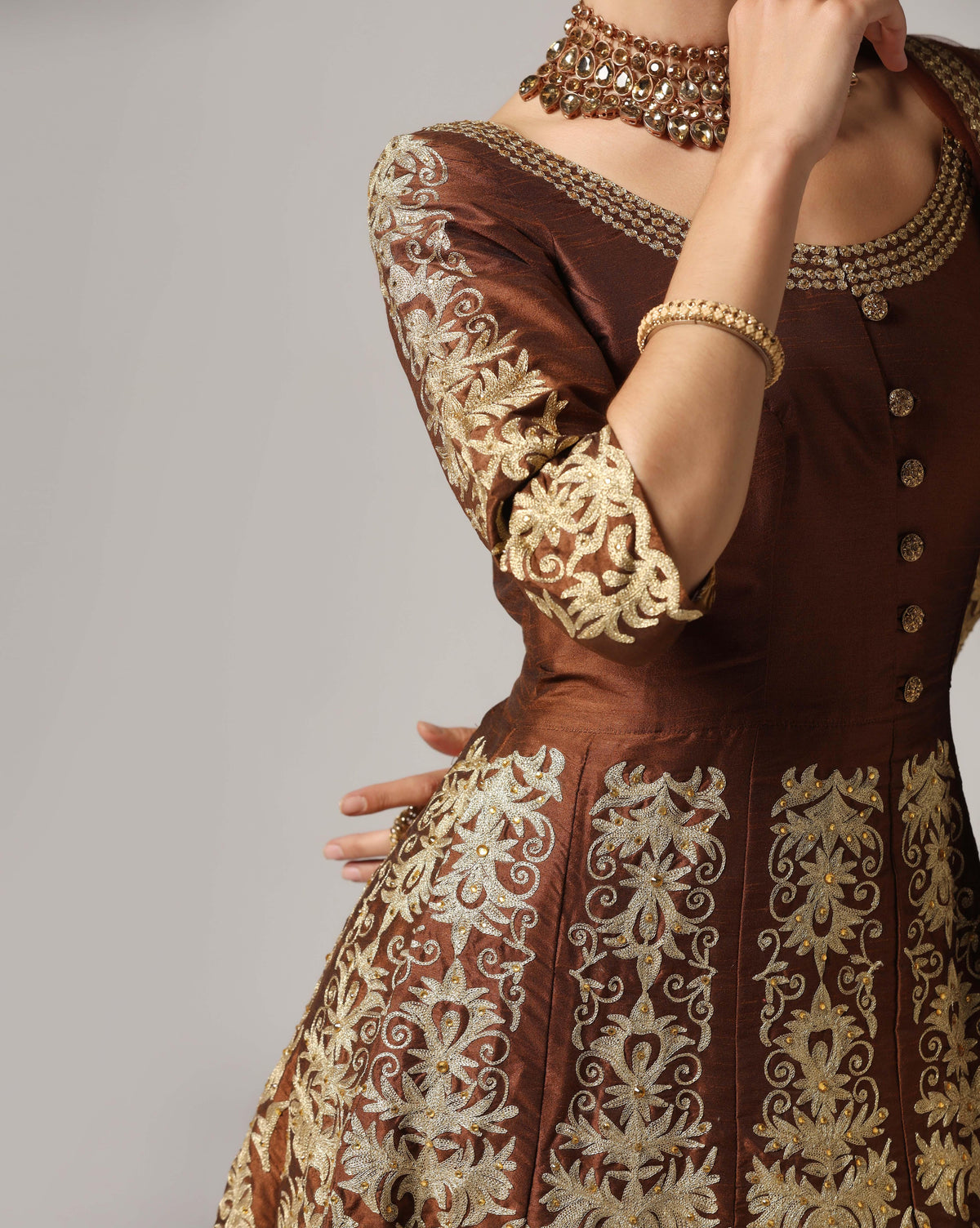 Brown Gold Aari Embroidered Anarkali