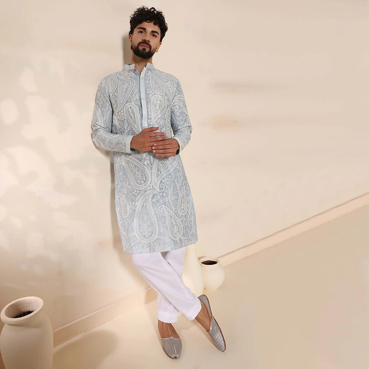 Powder Blue Men's Kurta Set With Delicate Threads Aari Work