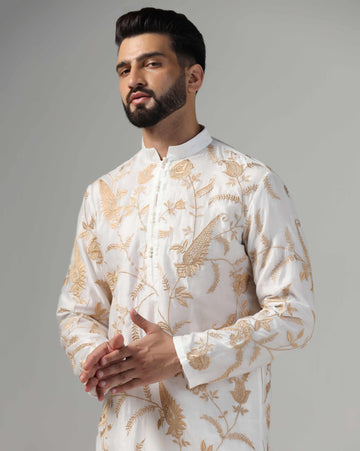 White embroidered mens kurta set