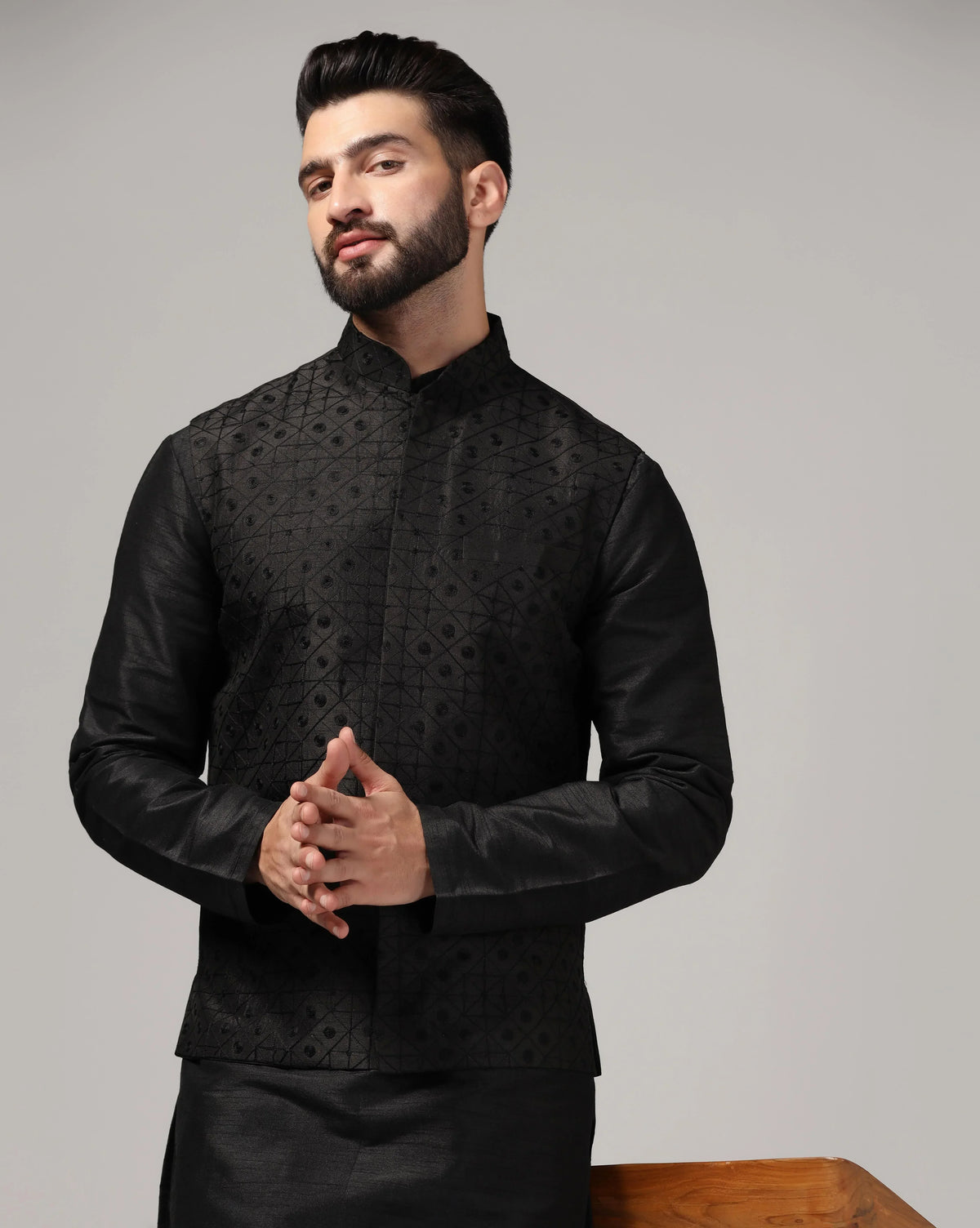 Classic Black Aari Work Nehru Jacket & Kurta Set