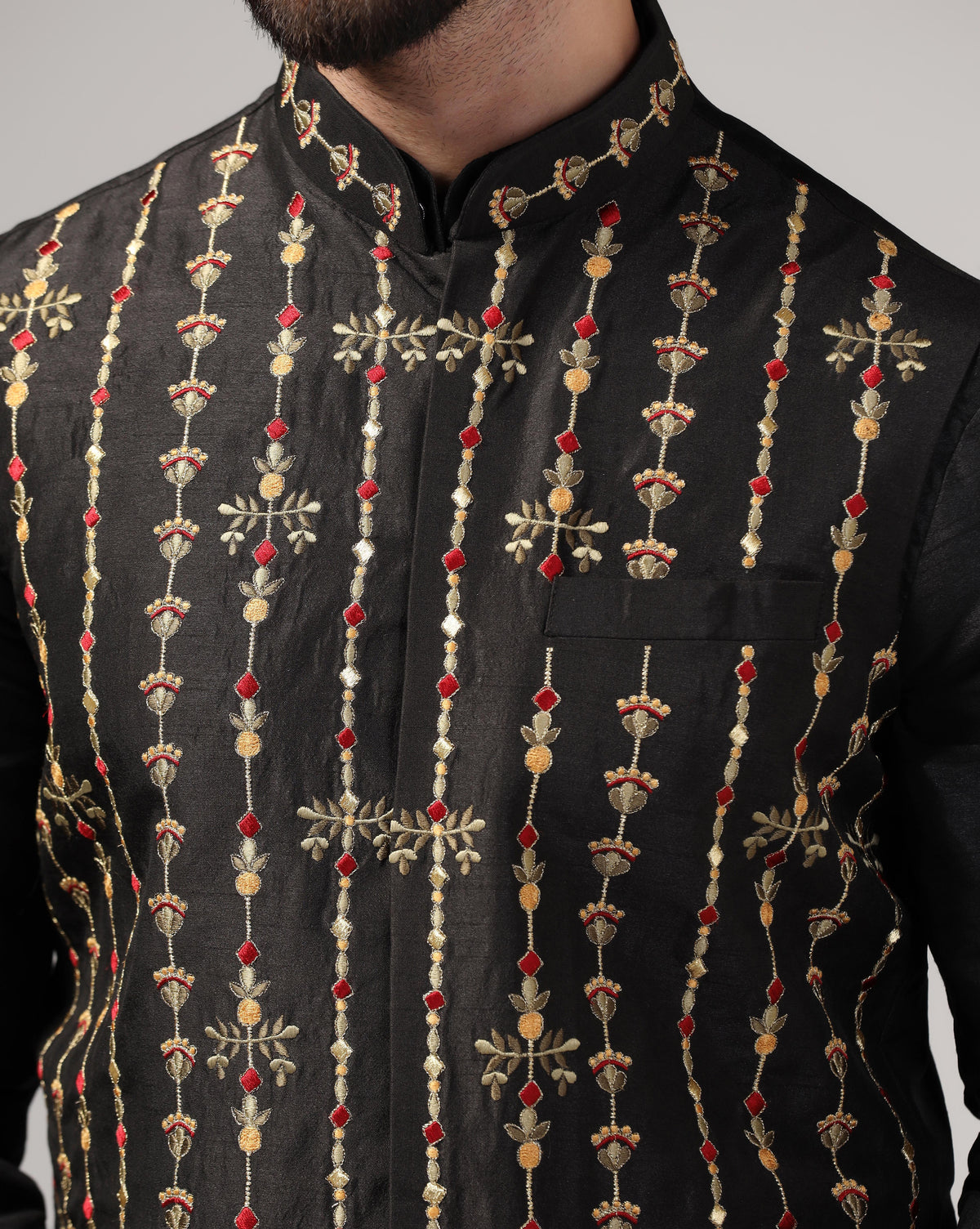 Men's Black Embroidered Nehru Jacket