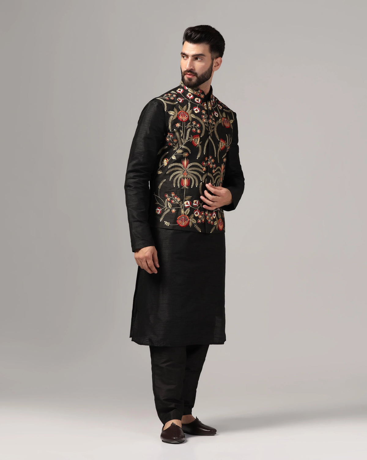 Men's Black Embroidered Nehru Jacket