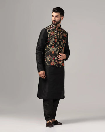 Mens black embroidered nehru jacket