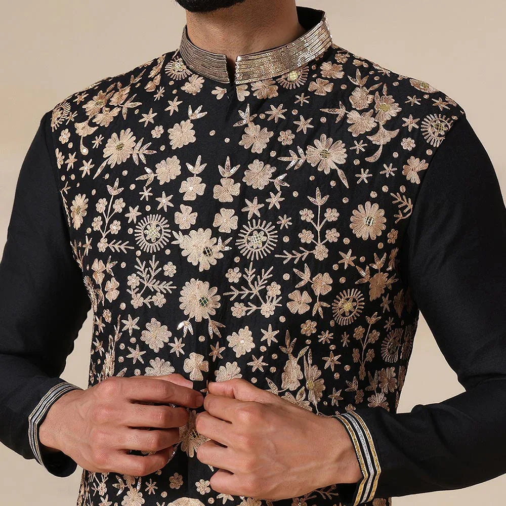Black Embroidered Men's Nehru Jacket