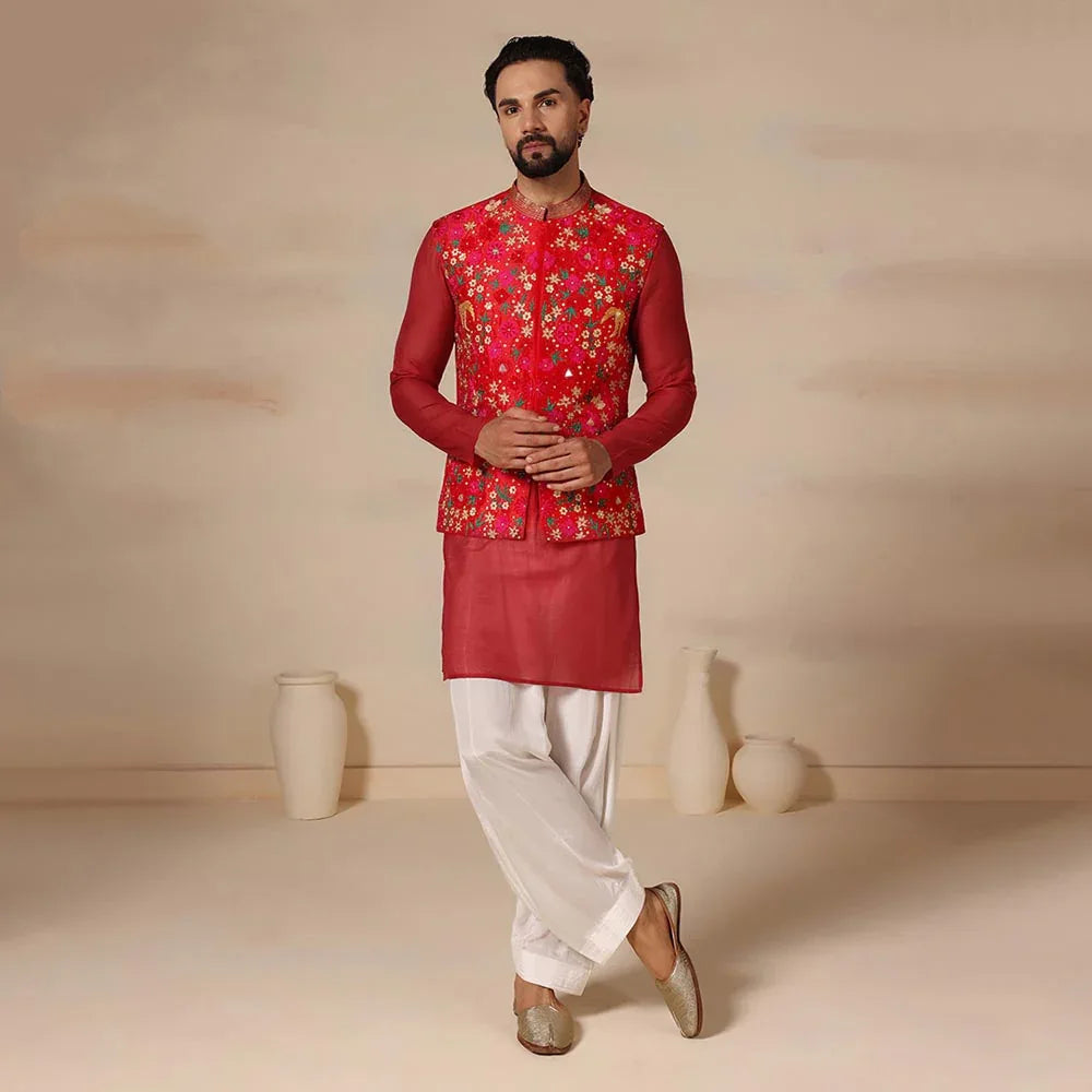 Red Embroidered Nehru Jacket