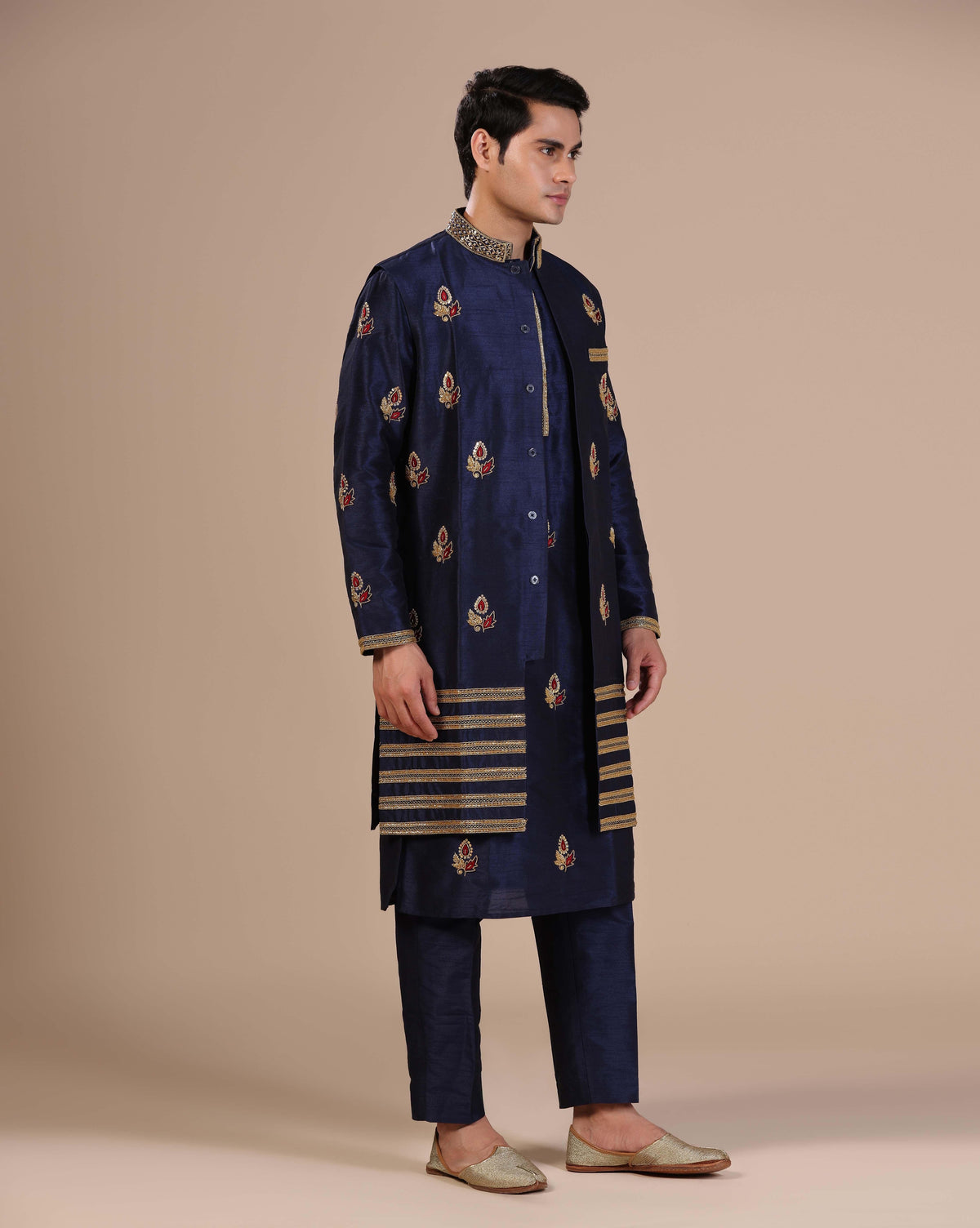Blue Monotone Kurta Set With Long Jacket