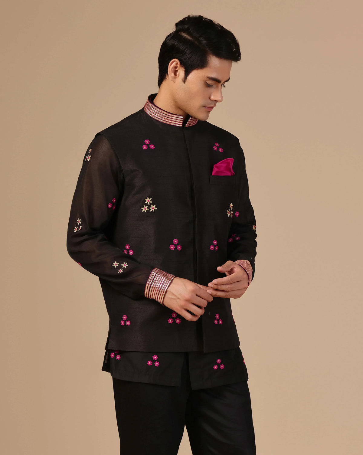 Traditional Black Chanderi Nehru Jacket With Short Kurta & Pants