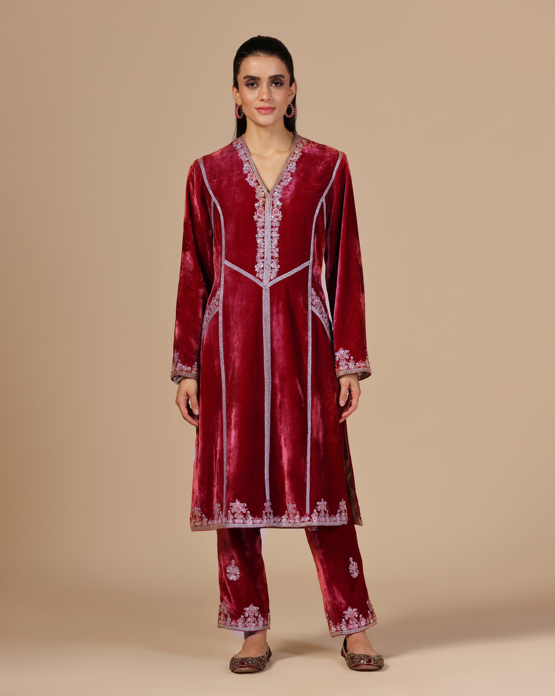 Maroon Red Velvet Embroidered Kurta Set