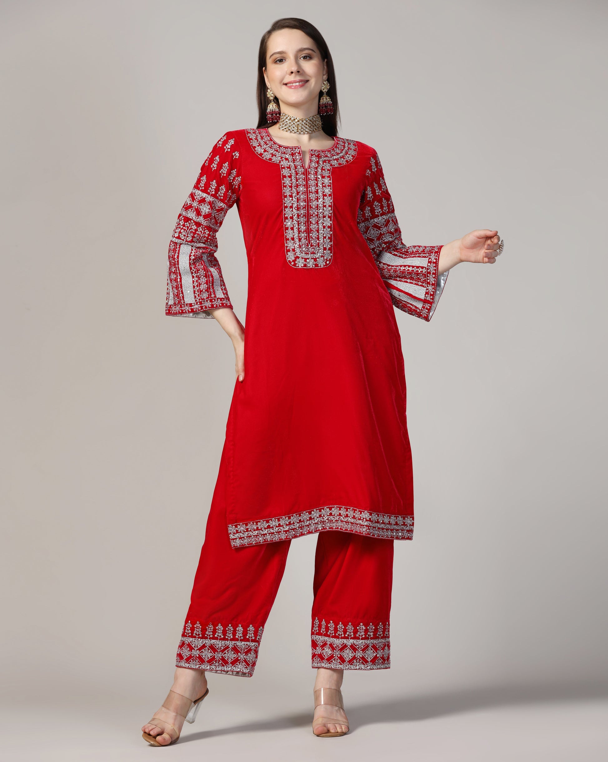 Velvet Hot Pink Silver Embroidered Kurta Set