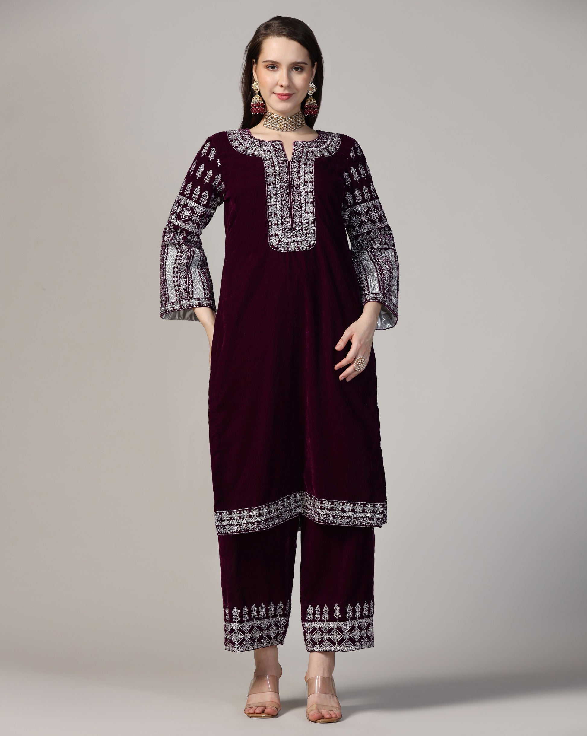 Velvet Royal Wine Silver Embroidered Kurta Set