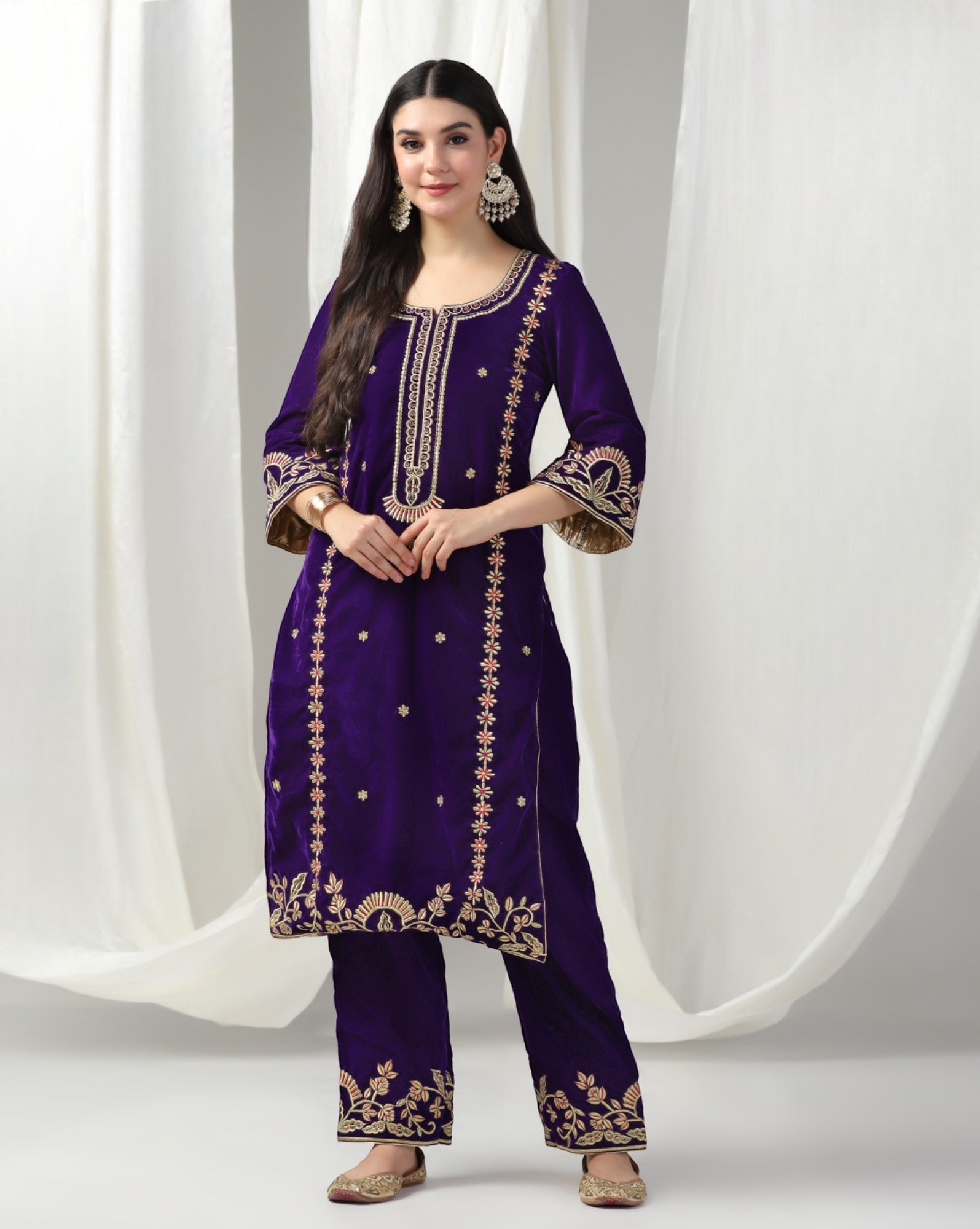 Velvet Zari Embroidered Kurta Set