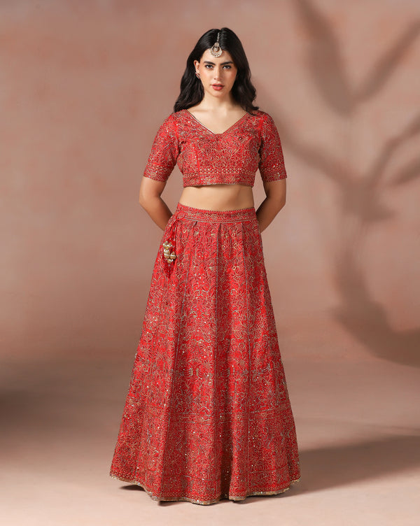 Classic Dupion Silk Red Lehenga with Thread Embroidery, Sequins & Cutdana Accents