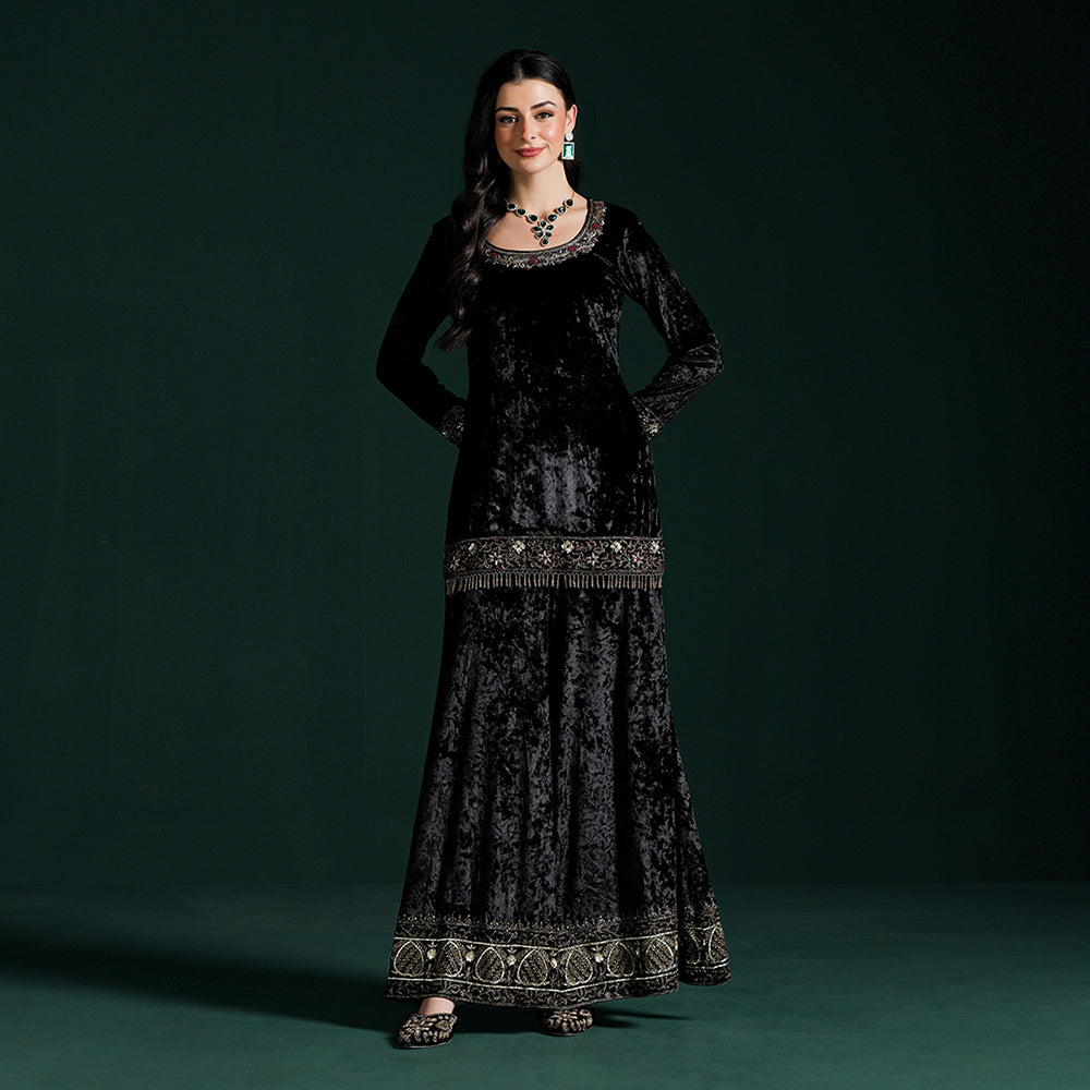 Velvet Black Maroon Kurta Sharara Set