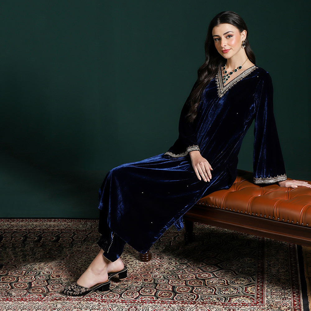 Velvet Blue Embroidered Kurta Set