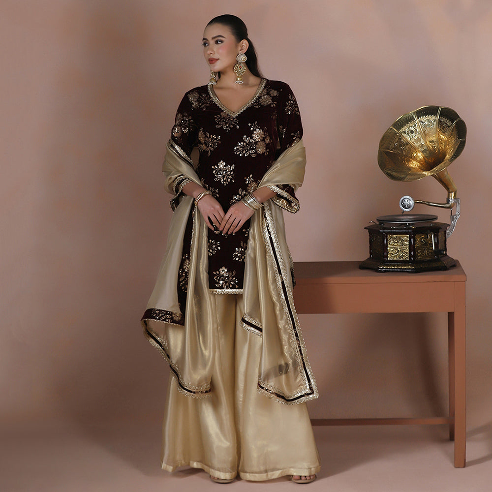 Velvet Maroon Gold Kurta Sharara Set